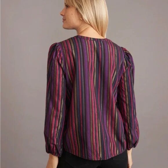 Marine Layer Jamie Blouse Top Banded Collar Popover Lurex Multi Stripe size XS - Picture 6 of 12